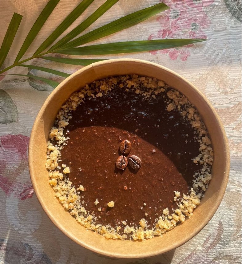 Mocha Walnut Fudge Bowl topped with coffee beans and walnut crumble